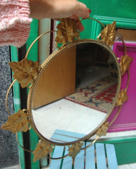 Vintage Gold Round Metal Wall Mirror With Leaves All Around Vintage Gold Round Metal Wall Mirror