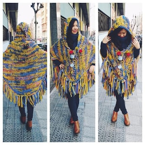 Vintage Poncho Sweater Wool Cape with hood and pompom / Colorful Poncho