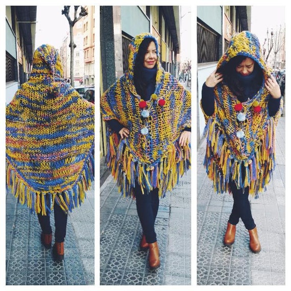 Vintage Poncho Sweater Wool Cape with hood and po… - image 1
