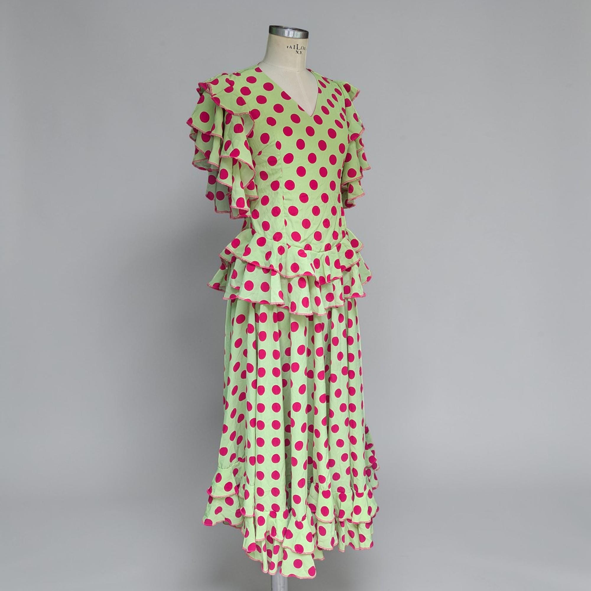 Vintage Flamenco Dress Polka Dot Fuchsia and Lime Green // Dance Dress