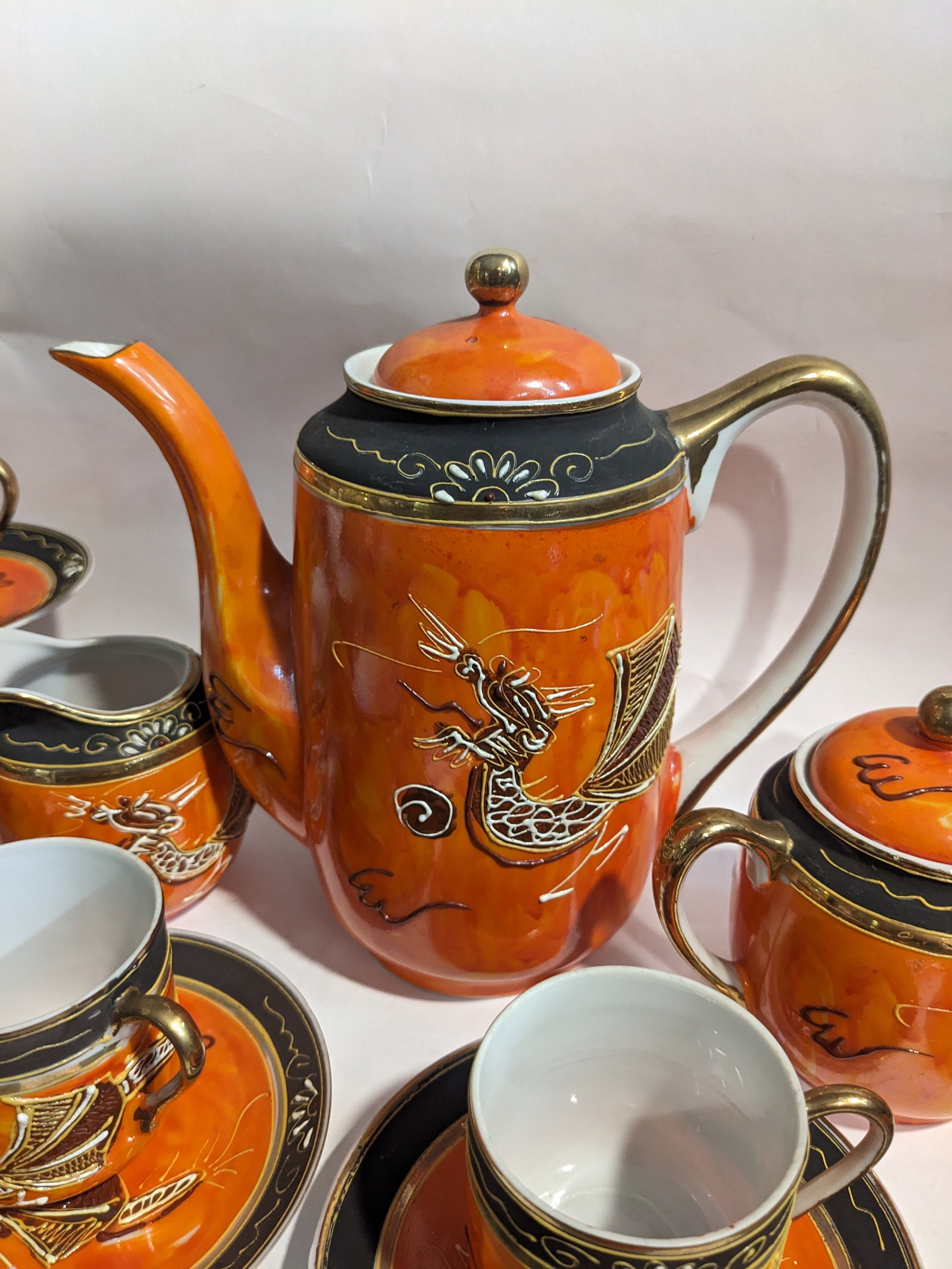 Vintage Coffee Set Orange Moriage // Dragon Ware, Oriental