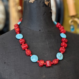 Halskette chunky natürliche Rote Koralle und Türkis / Steine Halskette