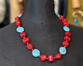 Necklace chunky natural Red Coral and turquoise / Stones Necklace