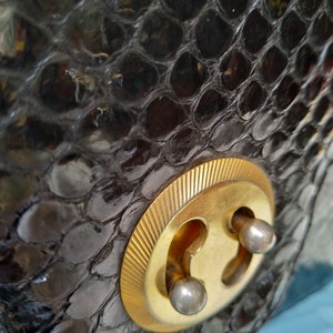 Puede incluir: Primer plano de un bolso de piel de serpiente negro con un cierre dorado. El cierre tiene dos peque&ntilde;os remaches redondos de color plateado.