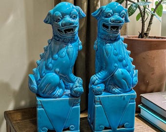 Vintage Chinese Pair of Turquoise Glazed Foo Dogs 9.44" or 24 cm