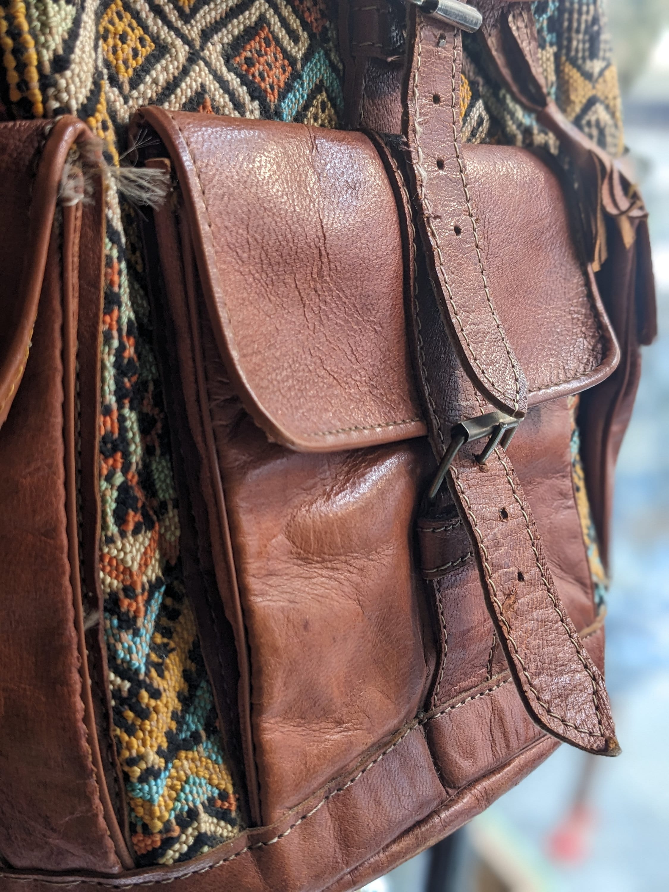 vintage Kilim brown leather back pack shoulder bag AS IS SOLD Vintage Large Turkish Kilim Rug with Leather Bucket  main image 3
