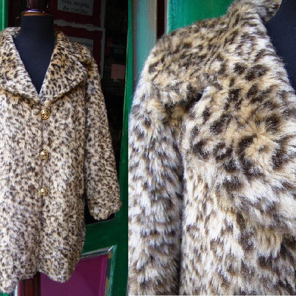 Vintage sztuczne futro 80s Leopard / Kurtka Faux Fur Coat zwierzęcy nadruk odzież wierzchnia leopard