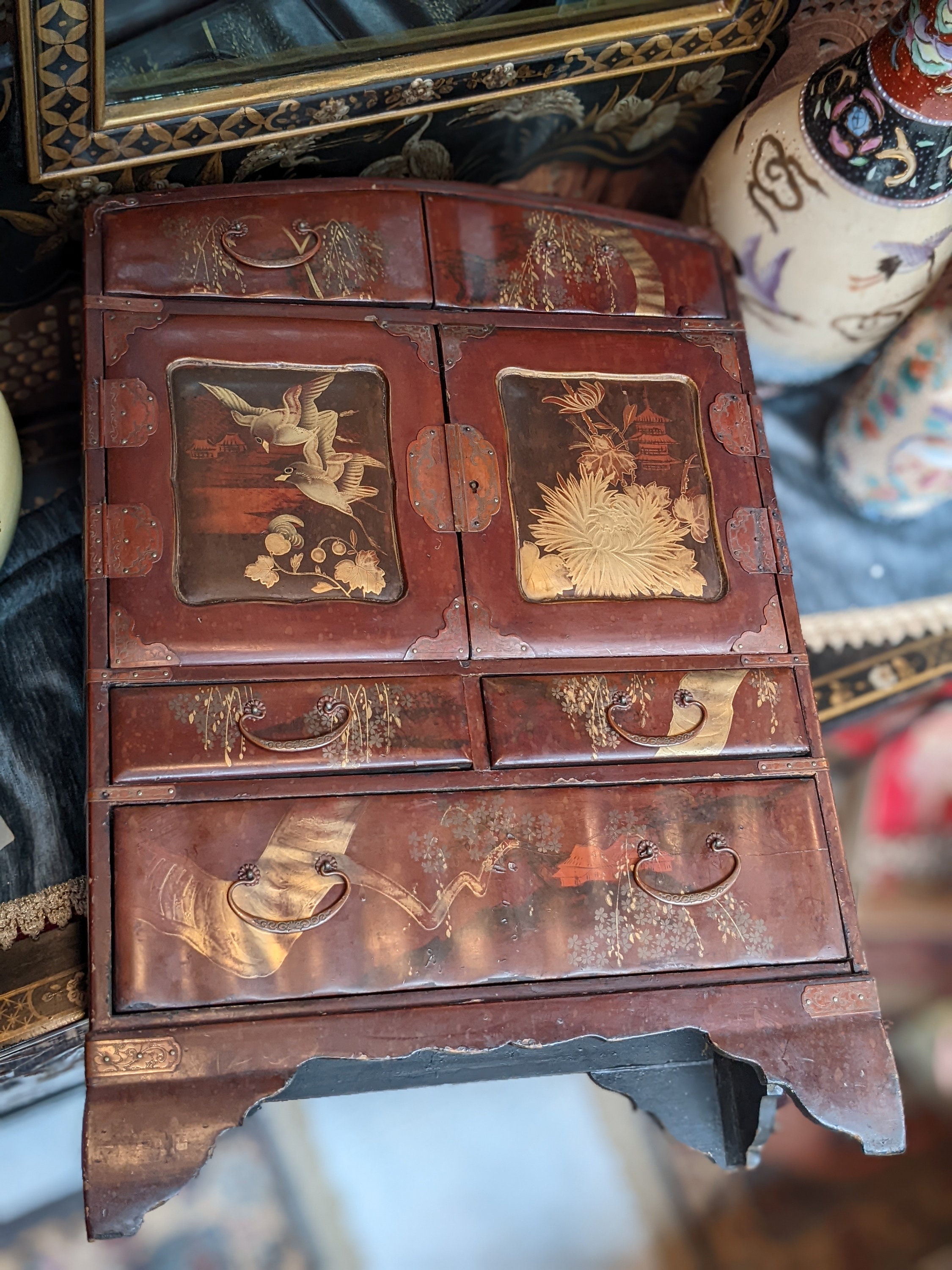 Antique Japanese Dark Brown Lacquer and Gilt Wood Altar Cabinet