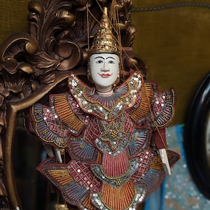 Antique Hand Carved Wood Puppet/Vintage Marionette Asian/ Dancer /hand beaded costume /vintage puppet indonesian /Costume burmese marionette