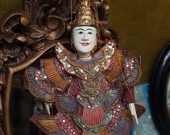 Antique Hand Carved Wood Puppet/Vintage Marionette Asian/ Dancer /hand beaded costume /vintage puppet indonesian /Costume burmese marionette