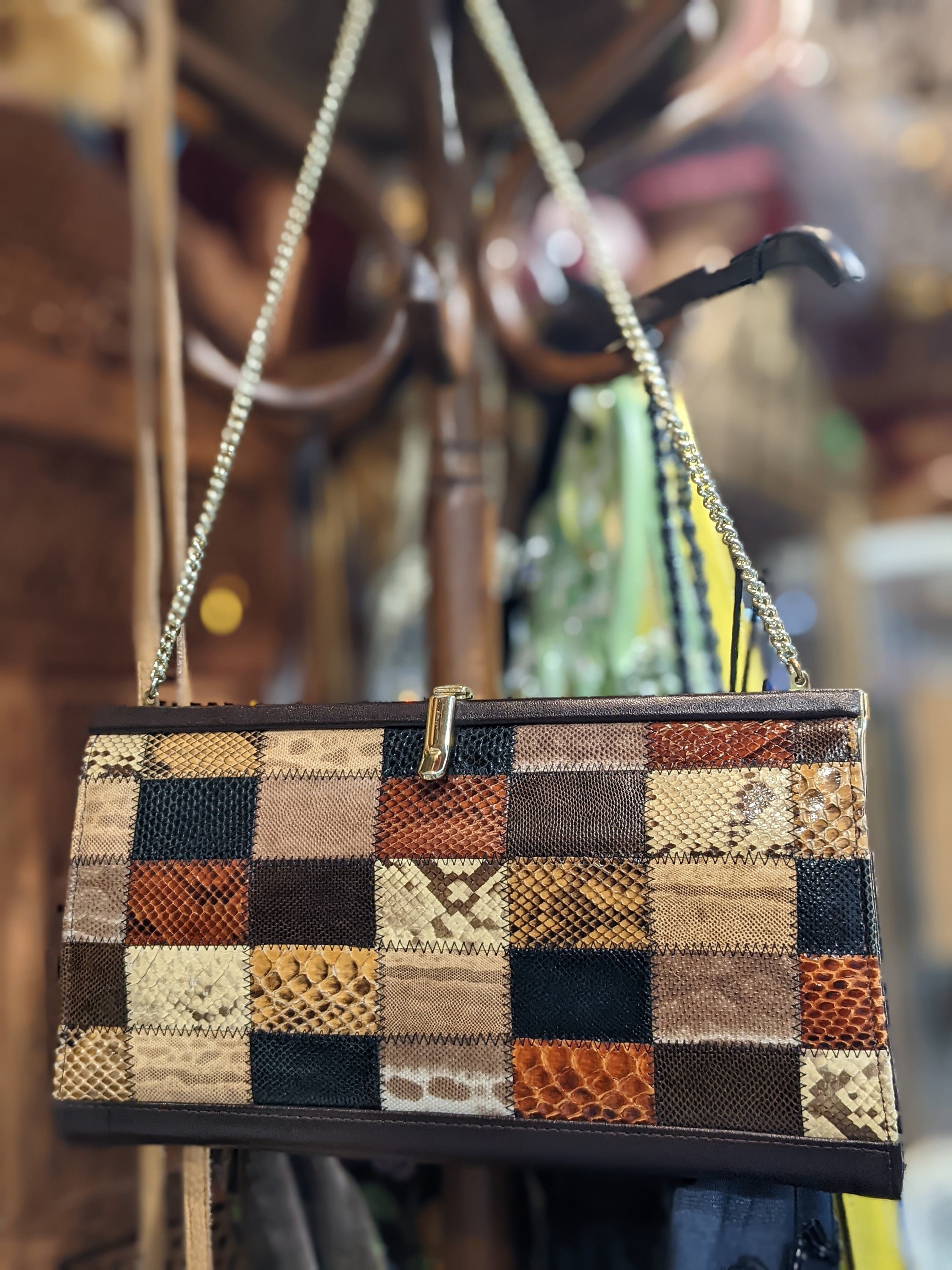 PATCHWORK Snakeskin CLUTCH Shoulder Bag // 70's Leather 