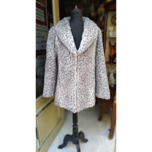 Vintage Print coat Gray Faux Fur // Cozy jacket Leopard // Grey fake fur winter coat