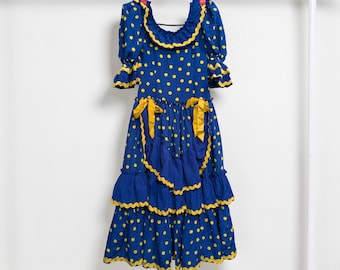 Vintage flamenco folk dress in blue and mustard with bows for young girl