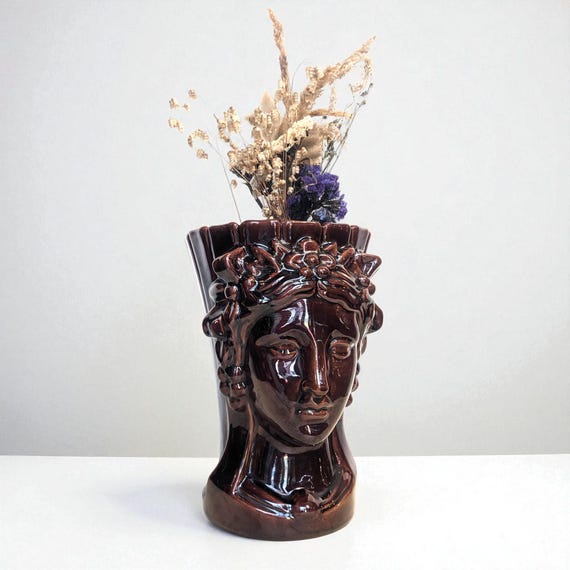 Vintage Vase Planter Goddess Grecian Face Head Bust Flower Vase