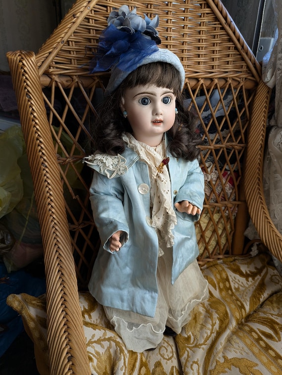 アンティーク テテ ジュモー ドール 20 インチ ドレスとコート（ブルー