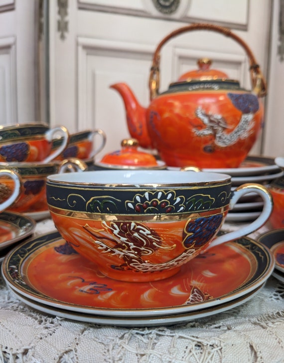 Antique Japanese Satsuma Moriage Tea Set Dragonware Moriage