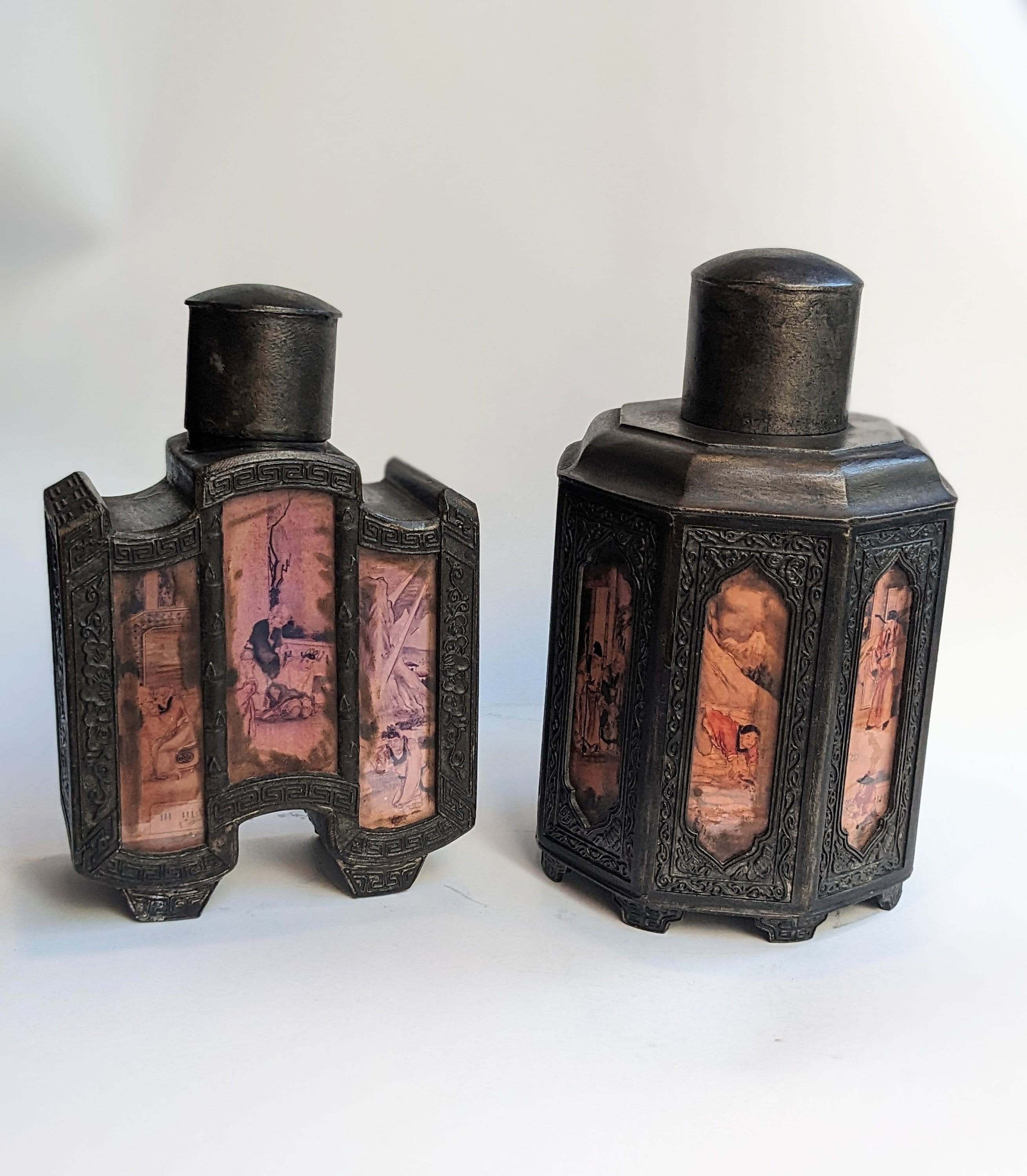 Pair of Antique Chinese Hexagonal Pewter Tea Caddy With Hand