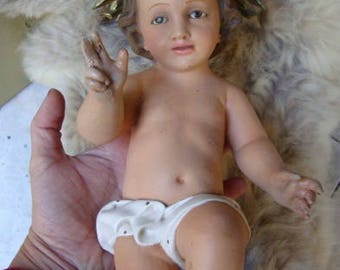 Antique Baby Jesus Plaster Statue Glass Eyes Nativity Child Crib / Religious Jesus Christ
