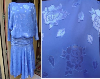 1980s Gianni Balenti Blue Flower Size 10/ Gatsby Dress / Maxi Dress Blue Vintage