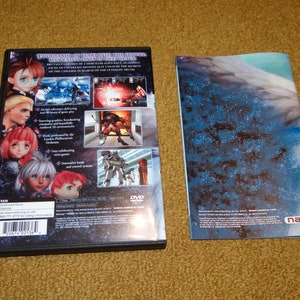 May include: The back of a PlayStation 2 video game case for "Eternal Arcadia". The case is black with a blue and purple background. The game is rated "Teen" by the ESRB. The back of the case has a description of the game, including the game's features and gameplay. The back of the case also has a DVD logo and the Namco logo.