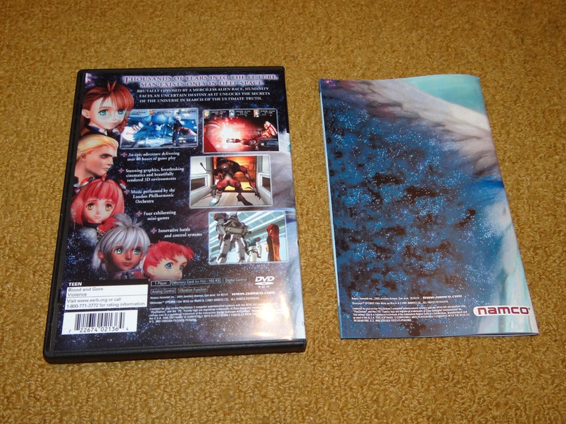 May include: The back of a PlayStation 2 video game case for "Eternal Arcadia". The case is black with a blue and purple background. The game is rated "Teen" by the ESRB. The back of the case has a description of the game, including the game's features and gameplay. The back of the case also has a DVD logo and the Namco logo.