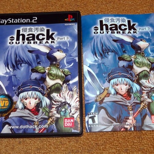 May include: A PlayStation 2 video game case with a blue and white cover featuring the text "DOT HACK OUTBREAK" and "Part 3". The game case includes an anime DVD. The back of the case features a blue and white image of a character from the game.