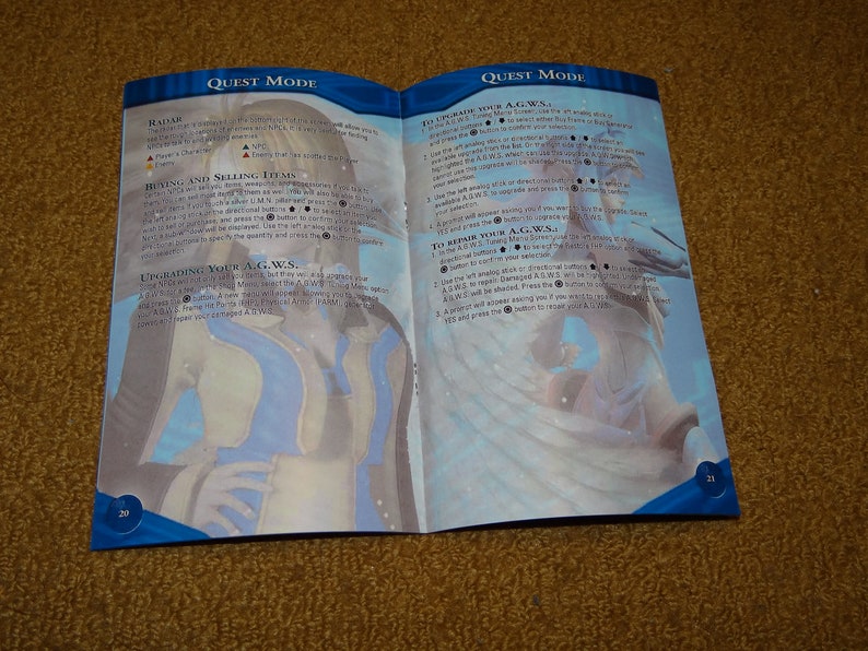 May include: A two-page spread from a video game instruction manual. The left page shows a character from the game, a woman with long blue hair, wearing a blue and white outfit. The right page shows the text "QUEST MODE" and instructions for upgrading and repairing a character's A.G.W.S. in the game.
