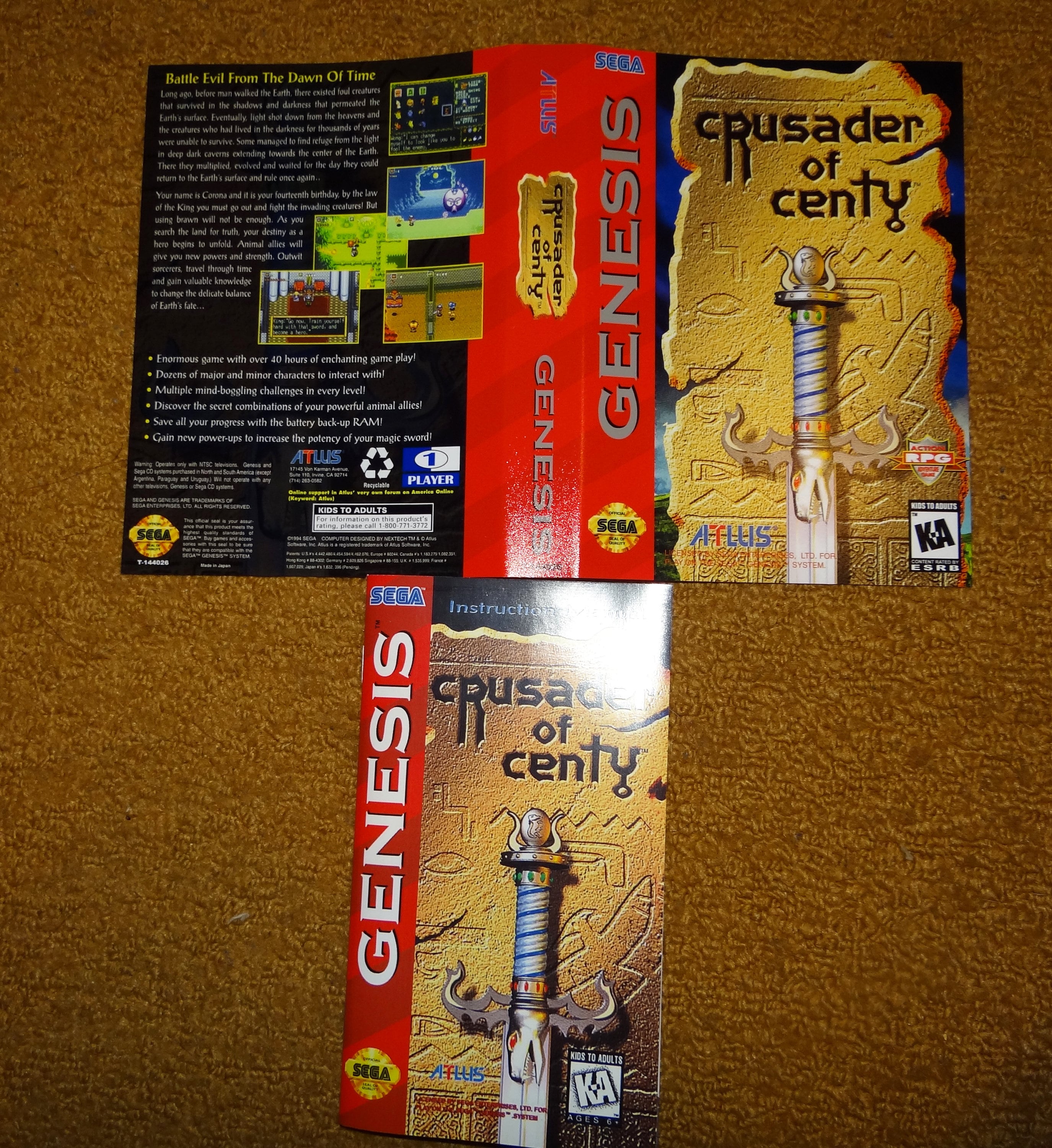 Custom Printed Sega Genesis Crusader of Centy Manual and Case Art