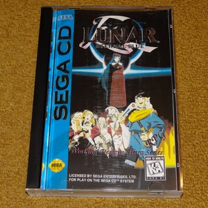 May include: A Sega CD game case with a blue and black background. The game is Lunar: Eternal Blue, a Working Designs Ultra Series RPG. The case features a colorful anime-style illustration of the game's characters.