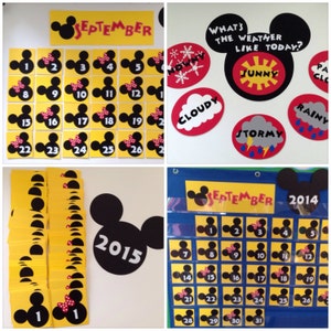 May include: A classroom calendar with a Mickey Mouse theme. The calendar is yellow with black Mickey Mouse ears and a red bow. The calendar is for September 2014. There are also several other Mickey Mouse themed items in the image, including a weather chart and a set of number cards.