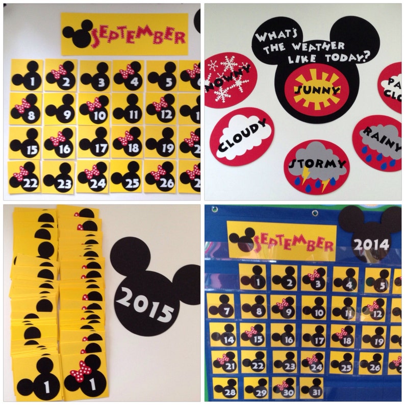 May include: A classroom calendar with a Mickey Mouse theme. The calendar is yellow with black Mickey Mouse ears and a red bow. The calendar is for September 2014. There are also several other Mickey Mouse themed items in the image, including a weather chart and a set of number cards.