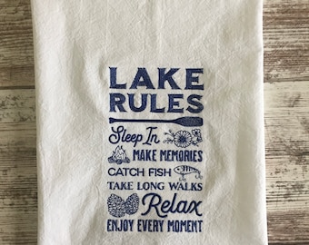 Lake Rules Embroidery Kitchen Tea Towel | Embroidery Towels | Nautical Home Decor | Lake House Kitchen Towel | Embroidery Design