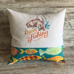 Gone Fishing Embroidery Pillow Cover | Embroidered Nautical Pillow Cover | Unique | One of a Kind