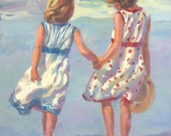 Little Ladies beach scene 8 x 10  art print, siblings, sisters two girls running on the beach,  sisters, wall art  LUCELLE RAAD Art