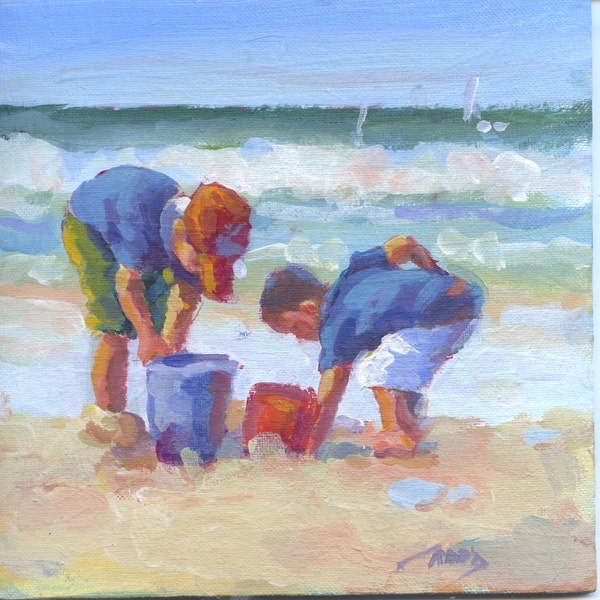8 x 8 Original acrylic  painting on canvas board, beach boys, beach buckets, boys at play,