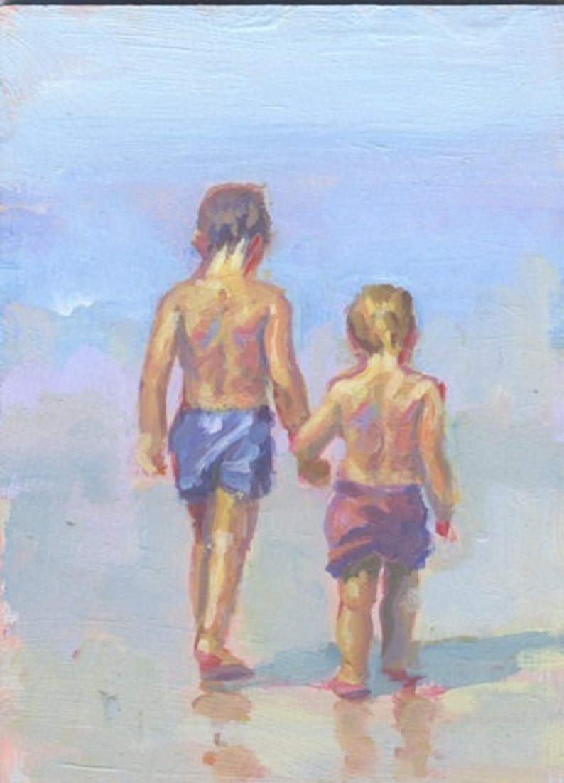 Acrylic painting on masonite two little boys walking to the Etsy
