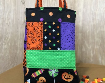 Cute Quilted Halloween Tote, Patchwork Trick or Treat Bag, Orange & Black Party Centerpiece, Cotton Fabric Trick-or-Treat Sack, Fully Lined