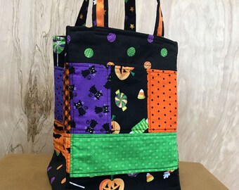 Patchwork Trick or Treat Bag, Cute Quilted Halloween Tote, Orange & Black Party Centerpiece, Cotton Trick-or-Treat Sack, Fully Lined