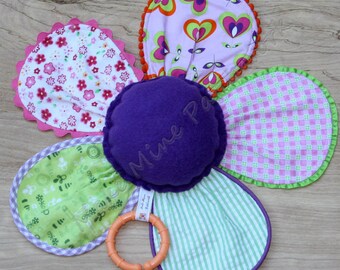 Flower Baby Rattle, Sensory Plush Toy, Purple, Pink and Green Patchwork, Flannel Lovey, with Teethin Ring, for Baby Girl