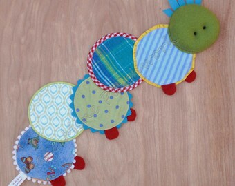 Caterpillar Sensory Toy for Baby Boy, Green, Blue and Red, with Crackle Cloth, Textured Fabric and Cotton Prints, Teething Toy