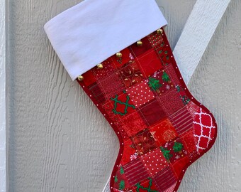 Red Quilted Christmas Stocking, Scrappy Cottton Patchwork, Free Personalization, Flannel Cuff with Jingle Bells, Large Size, Fully Lined