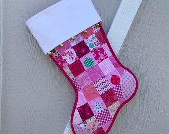 Pink Quilted Christmas Stocking, Scrappy Cotton Patchwork, White Flannel Cuff and Jingle Bells, Large Size, Fully Lined, PersonalizedFree