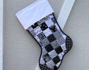 Black & White Quilted Christmas Stocking, Personalized Free, Flannel Cuff with Jingle Bells, Cotton Patchwork, Fully Lined, Large Size