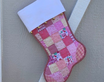 Scrappy Quilted Christmas Stocking, Rose and Pink Patchwork, White Flannel Cuff with Jingle Bells, Personalized Free