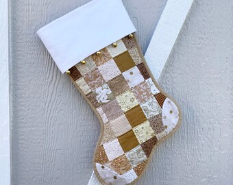 Gold & Beige Quilted Christmas Stocking, Cottton Patchwork, Personalized Free, Large Size, Fully Lined, White Flannel Cuff with Jingle Bells