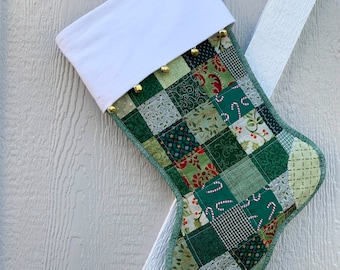 Quilted Christmas Stocking, Scrappy Sage Green Patchwork, Free Personalization, with Flannel Cuff and Jingle Bells, Fully Lined