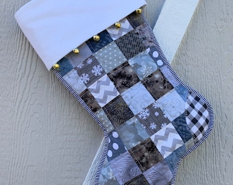 Scrappy Gray Quilted Christmas Stocking, Flannel Cuff with Jingle Bells, Grey Cotton Patchwork, Fully Lined, Large, Personalized Free