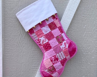 Quilted Christmas Stocking, Pink Cotton Patchwork, White Flannel Cuff and Jingle Bells, Large Size, Fully Lined, PersonalizedFree