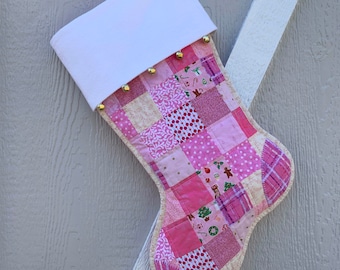 Scrappy Quilted Patchwork Christmas Stocking, Rose and Pink Cotton Fabric, White Flannel Cuff with Jingle Bells, Personalized Free