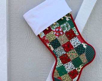 Red, Green & Cream Quilted Christmas Stocking, Cottton Patchwork, White Flannel Cuff and Jingle Bells, Large, Fully Lined, Personalized Free